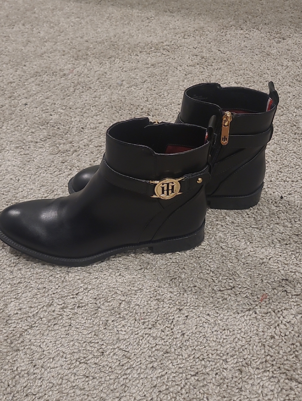 Tommy Hilfiger Black Leather Ankle Boots with Gold Accent